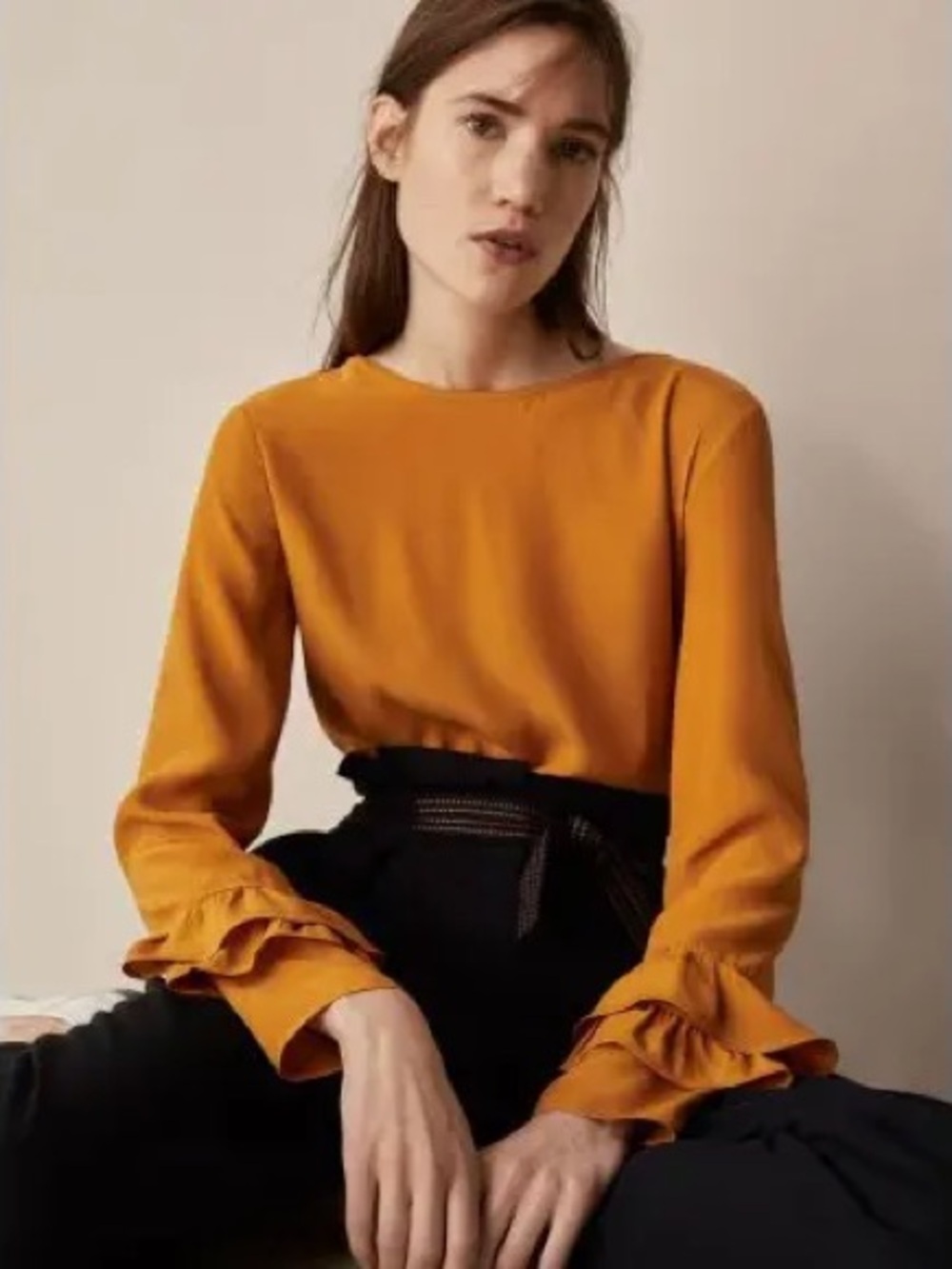 Excellent Condition! Women’s Mustard Long-Sleeve Blouse with Ruffle Cuffs